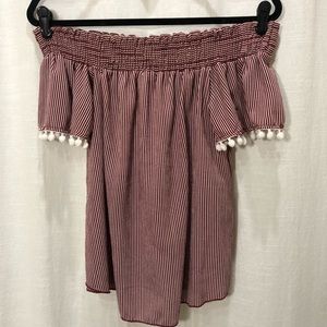 PAPAYA red and white pom pom sleeves off the shoulder